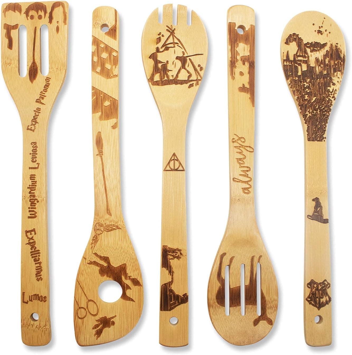 PanosBepa Wooden Spoons for Cooking Bamboo Burned Non-stick Magic Spoon Set with Engraved Patterns, house warming presents for new home