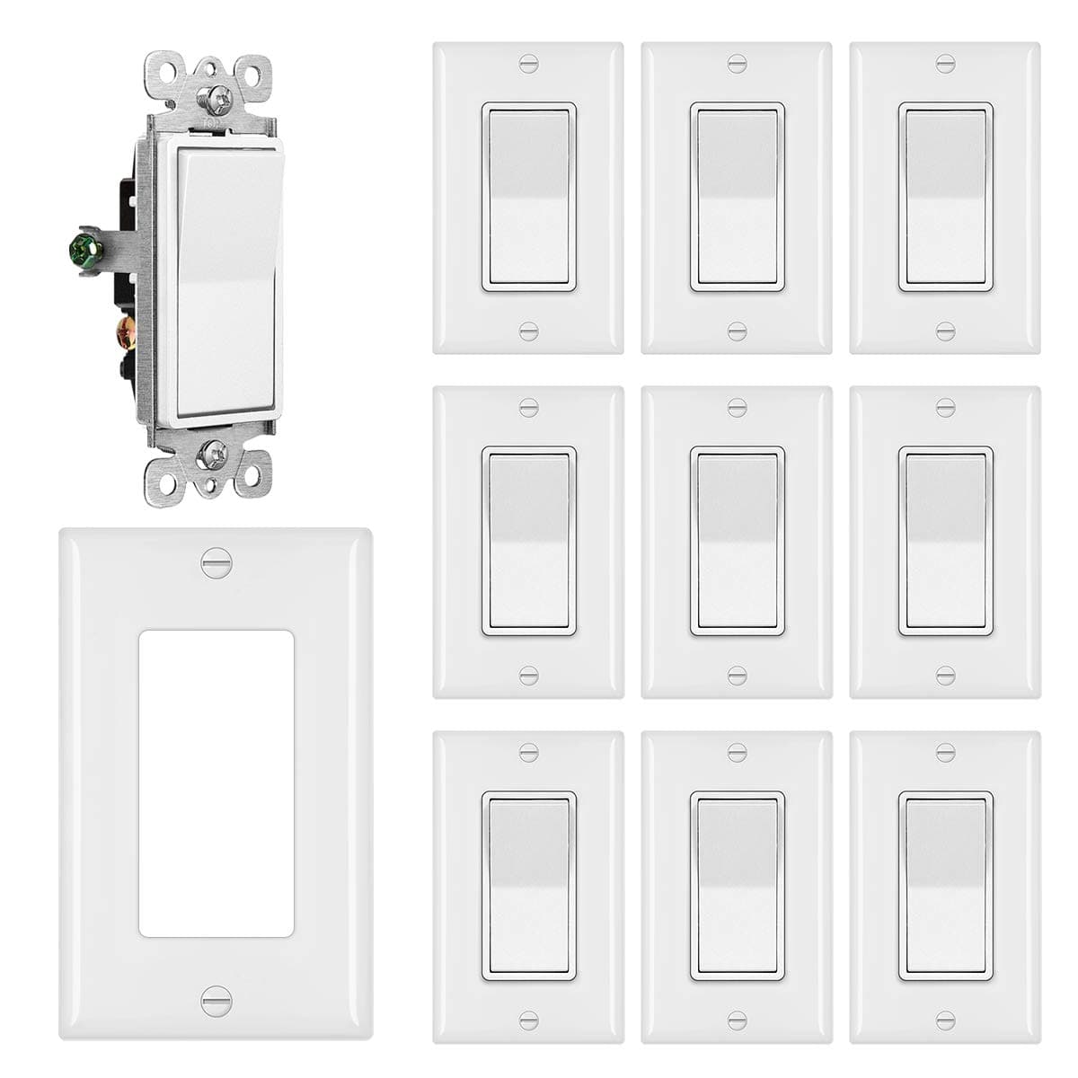 (10 Pack) CML 3 Way Light Switch, Rocker Paddle Interrupter, 15A 120/277V, Wallplate Included, 3-Year Warranty, UL Listed, White