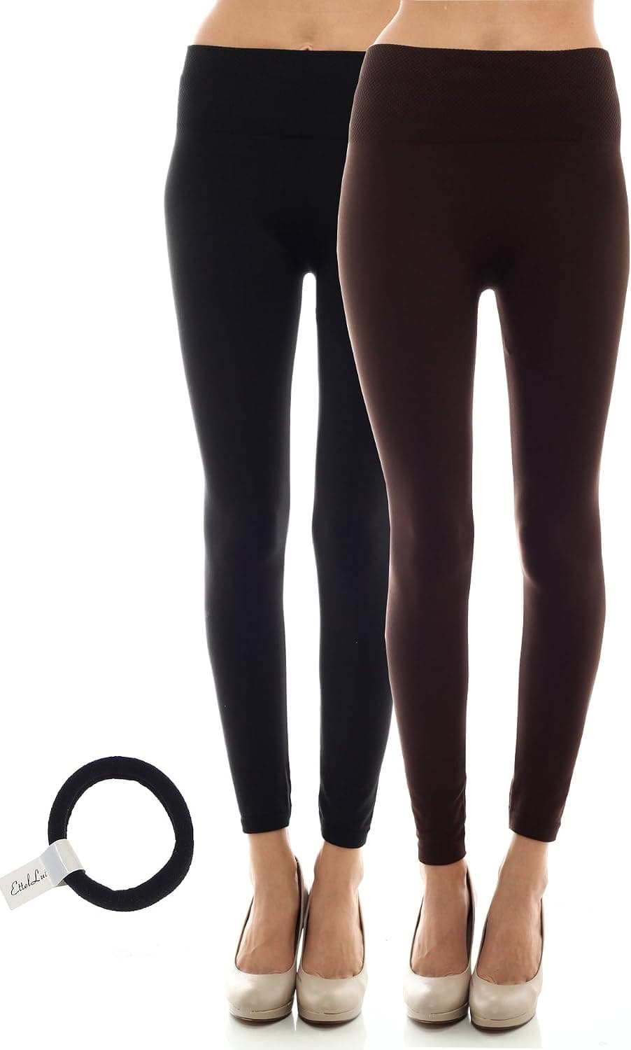 High Waist Fleece Lined Leggings Regular and Plus Size for Women and Juniors with EttelLut Hair Band 2PK BLK BROWN OS