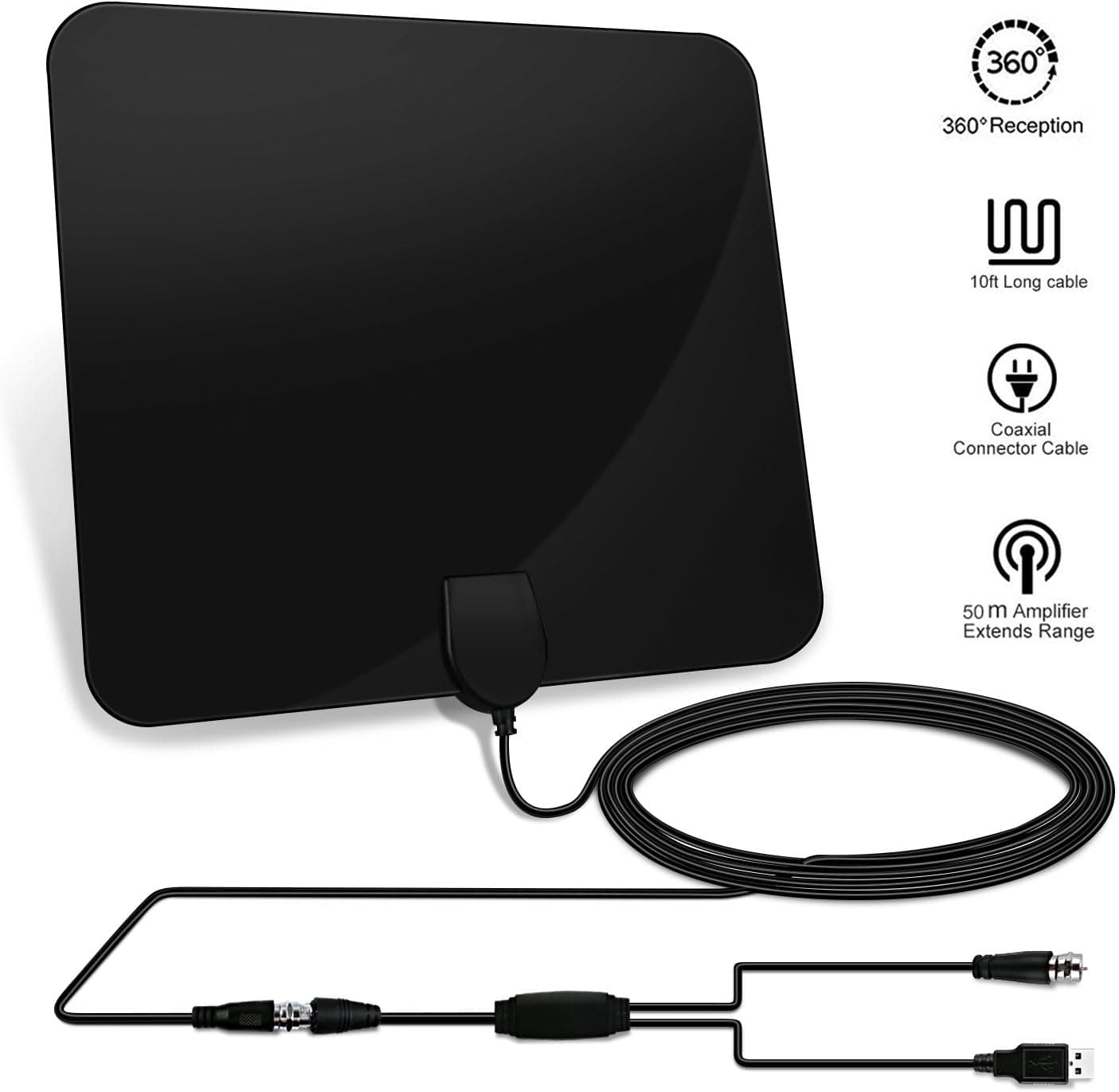 TV Antenna, 50 mile Range Indoor Amplified HDTV Antenna, Detachable Amplifier Signal Booster, USB Power Supply and 13.5ft Coaxial Cable (Black)