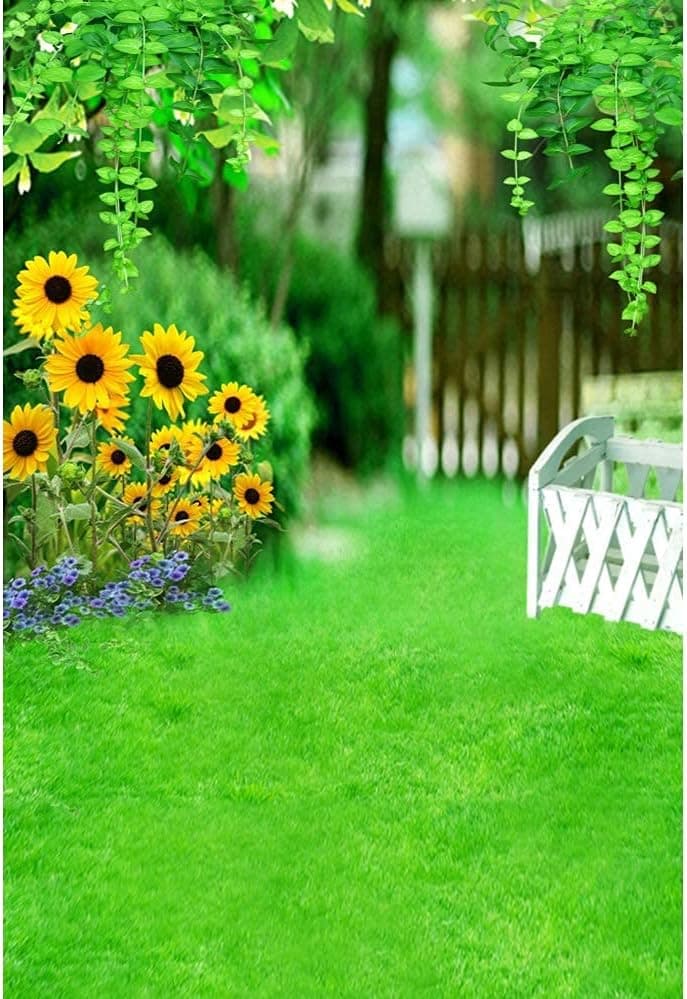 Laeacco 3x5FT Lawn Grassplot Photography Background Outdoor Summer Spring Scenery Backdrop Vine Fence Grassland Summer Party Decoration Sunflower Children Newborn Baby Portrait Video Photo Studio Prop