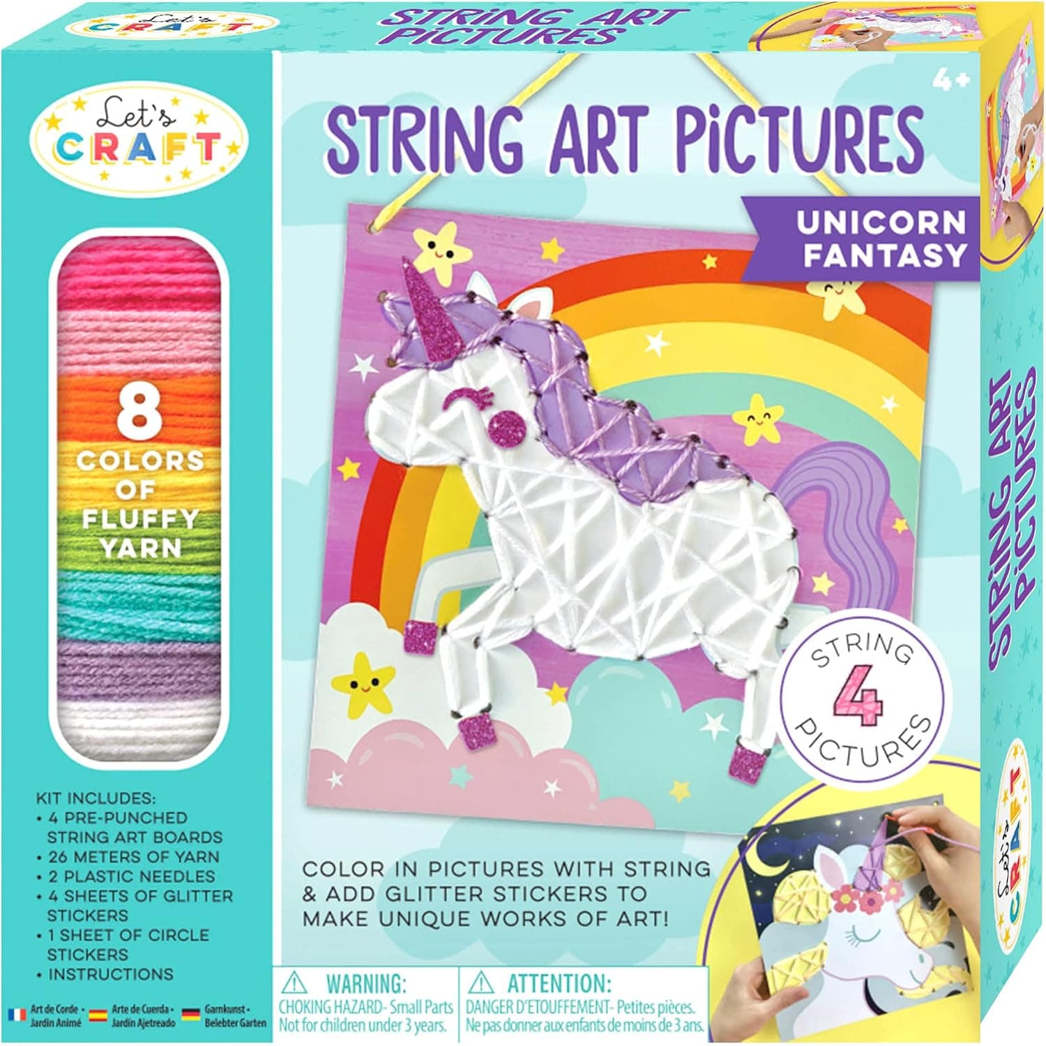Bright Stripes D​​IY String Art Kit for Kids Arts and Crafts Projects Fun Creative Activities Children’s Activity Set Includes Yarn, 4 Pictures, and Stickers, Unicorn Fantasy