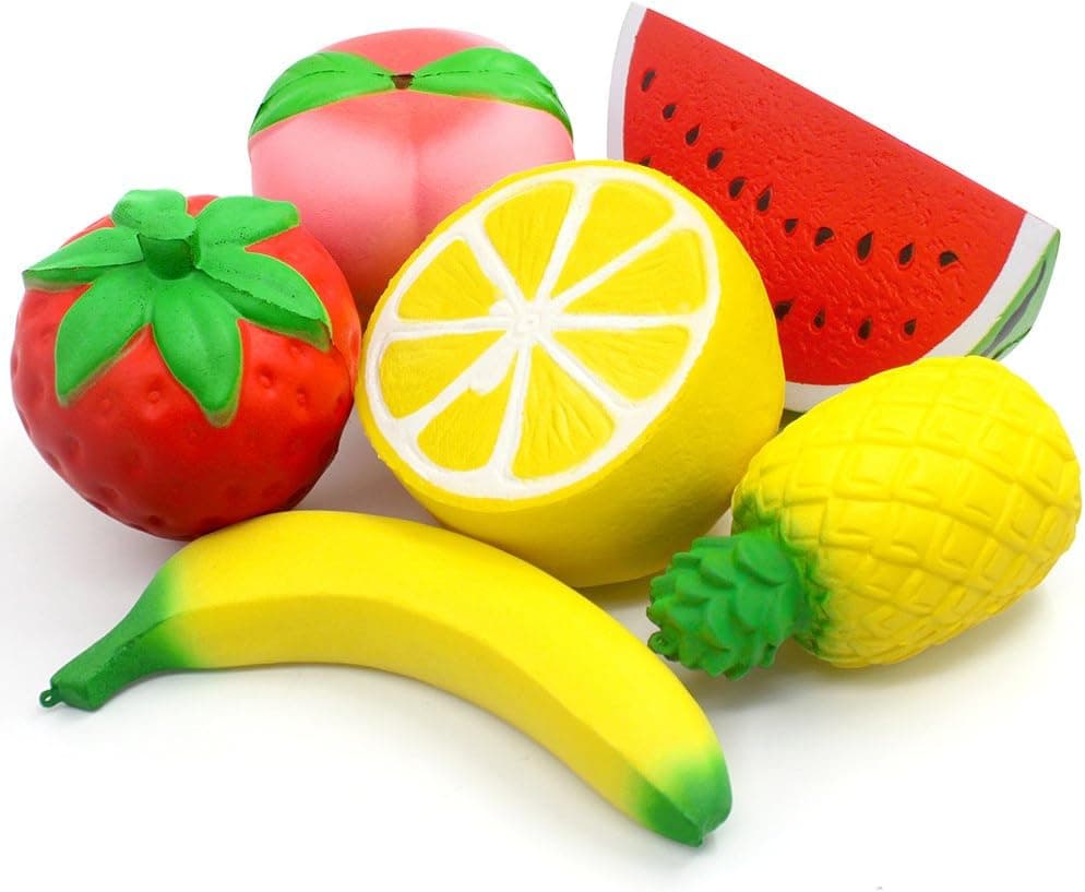 6PCS Jumbo Squishies Slow Rising Strawberry Peach Banana Lemon Watermelon Pineapple Charms Fruit Squishies Cream Scented Stress Relief Kawaii Toys for Kids and Adults