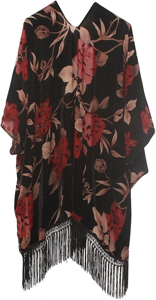 Boho Burnout Velvet Dress Kimono Cardigan Poncho with Fringe Velvet Shawls Wraps Green One Size