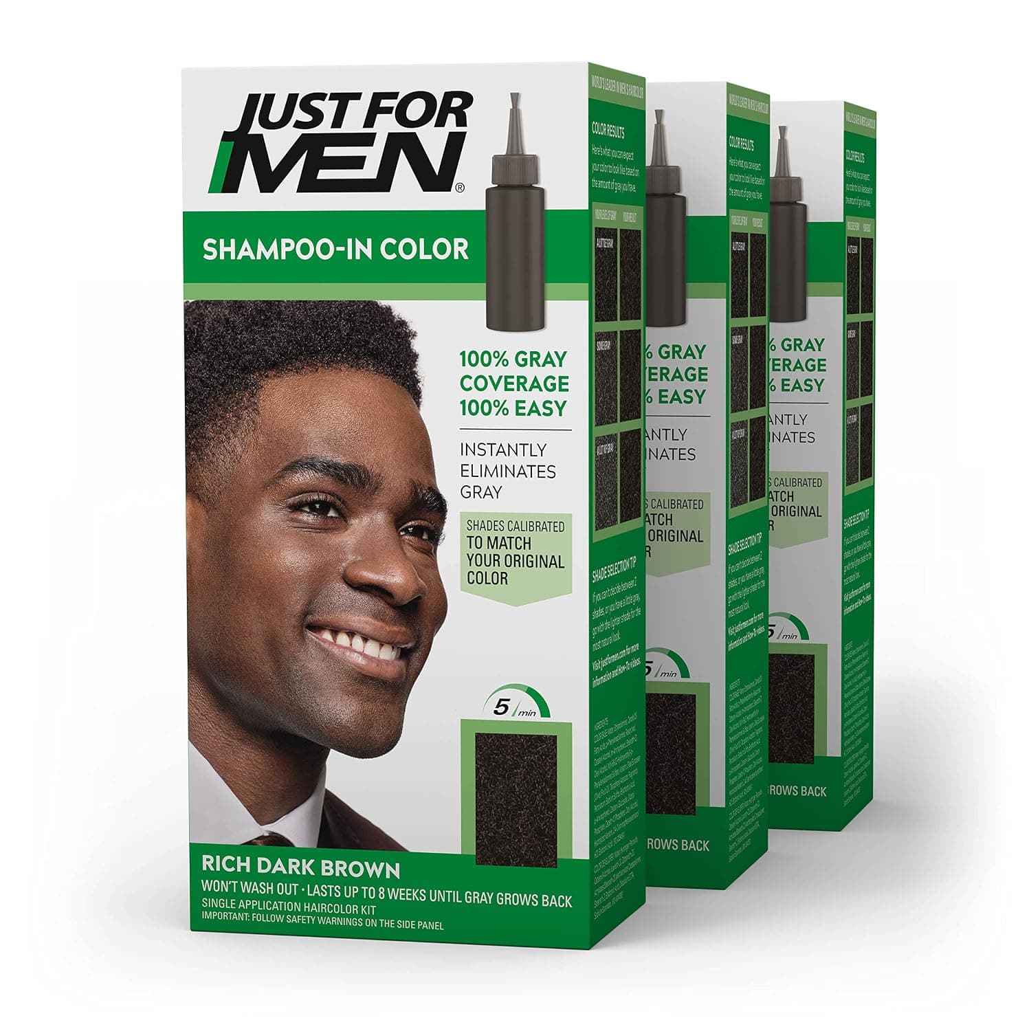 Just For Men Shampoo-In Color (Formerly Original Formula), Mens Hair Color with Keratin and Vitamin E for Stronger Hair - Rich Dark Brown, H-47, Pack of 3