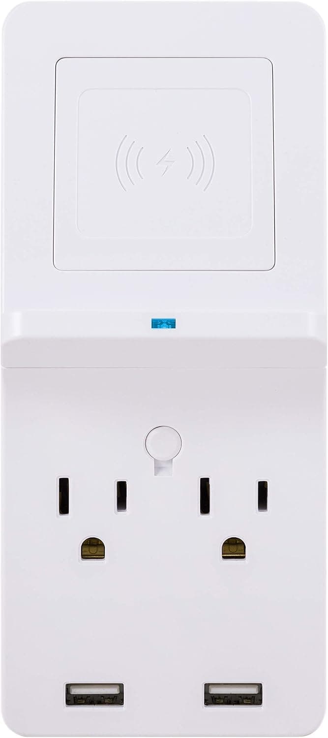 GE UltraPro Surge Protector with Wireless Charging Shelf, Qi Pad, 2-Outlet Extender, 2 USB Ports, 560 Joules, UL Listed, White, 43645