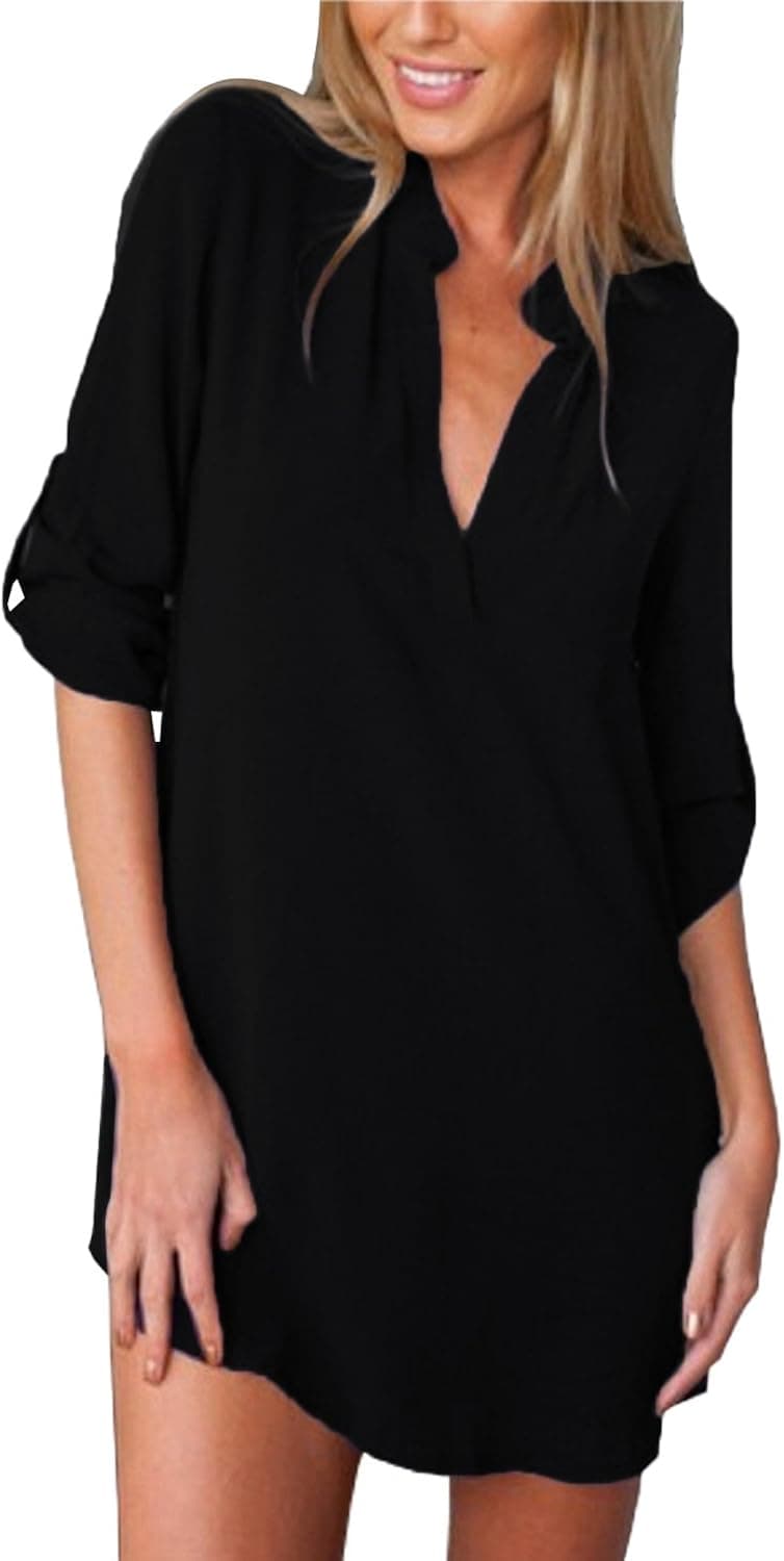ZANZEA Women Casual V Neck Long Sleeve Chiffon Tunic Blouse Top Beach Cover Up Shirt Black US22