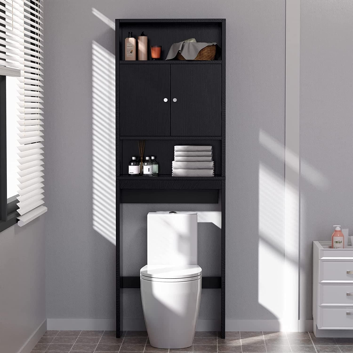 Angel Sar Over The Toilet Storage Cabinet, Space-Saving Bathroom Shelf, Bathroom Organizer with Open Shelf and Doors, Black