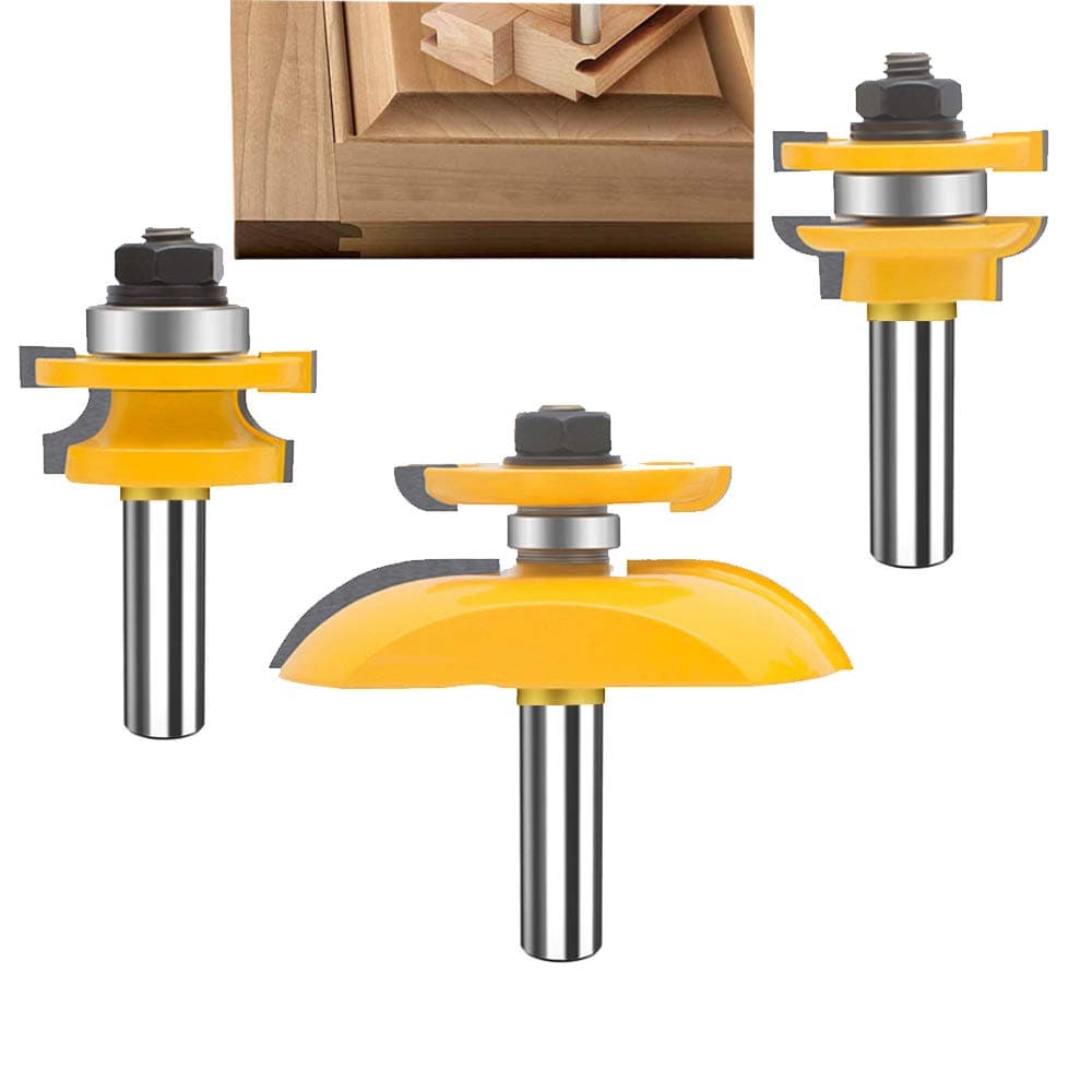 OLETBE 3 PCS Router Bit Set, 1/2-Inch Shank Round Over Cove Raised Panel Cabinet Door Rail and Stile Router Bits, Woodworking Wood Cutter, Wood Carbide Groove Tongue Migue Milling Tool(Grey)