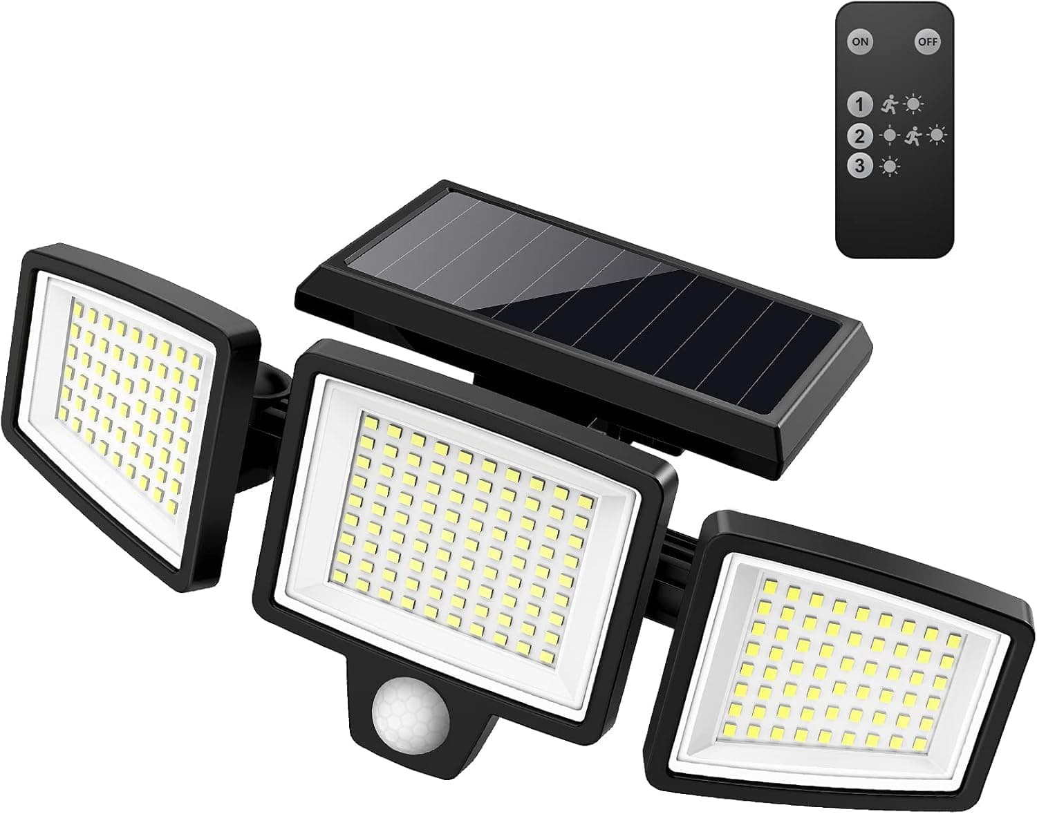 Tuffenough Solar Outdoor Lights 2500LM 210 LED Security Lights with Remote Control,3 Heads Motion Sensor Lights, IP65 Waterproof,270° Wide Angle Flood Wall Lights with 3 Modes(1 Packs)