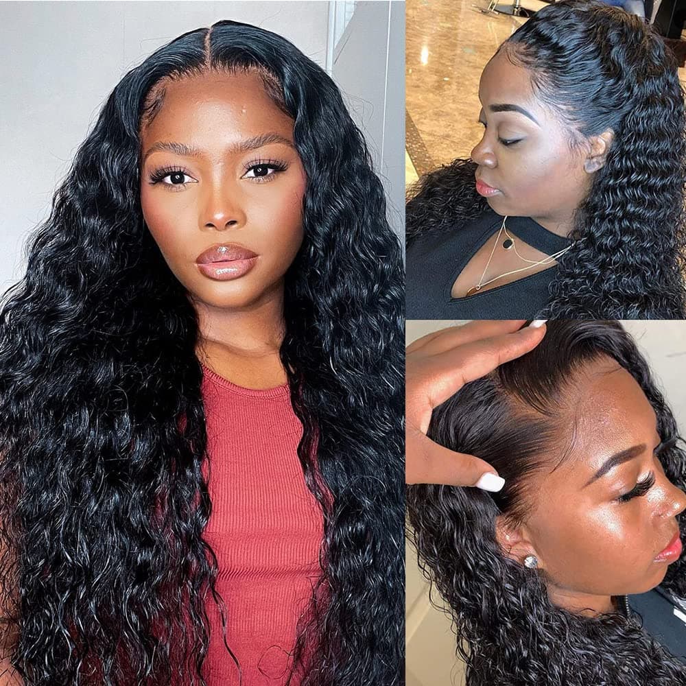 Deep Wave Lace Front Wigs with Baby Hair Pre Plucked 100% Unprocessed 9A Brazilian Deep Wave Lace Front Wigs Human Hair 150% Density Full End Lace Wigs Natural Color for Women(22Inch)