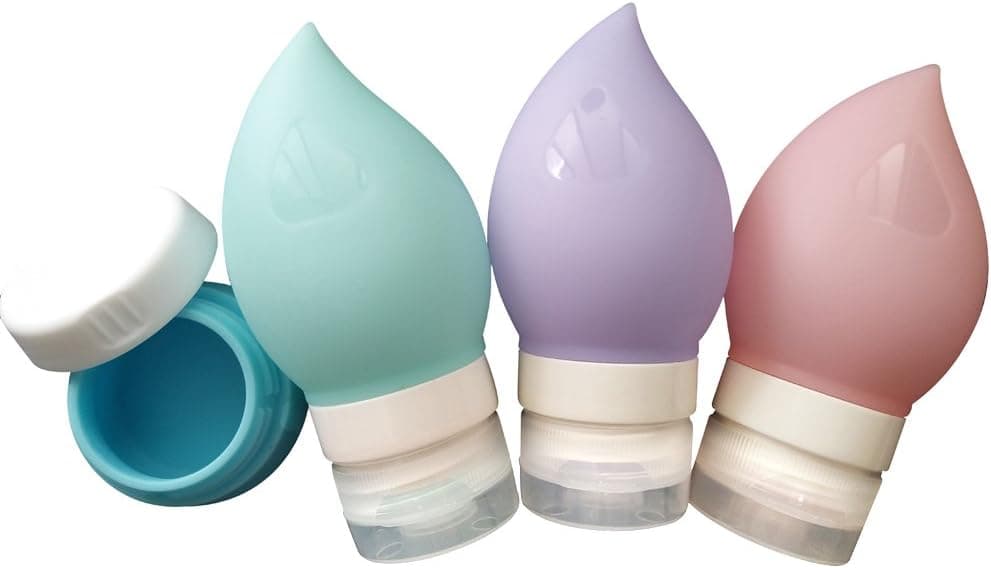 Portable Soft Silicone Travel Bottles Set - 4, Leak Proof Refillable Silicone Travel Containers for Cosmetic, Shampoo, Lotion, Sunblock with Bag