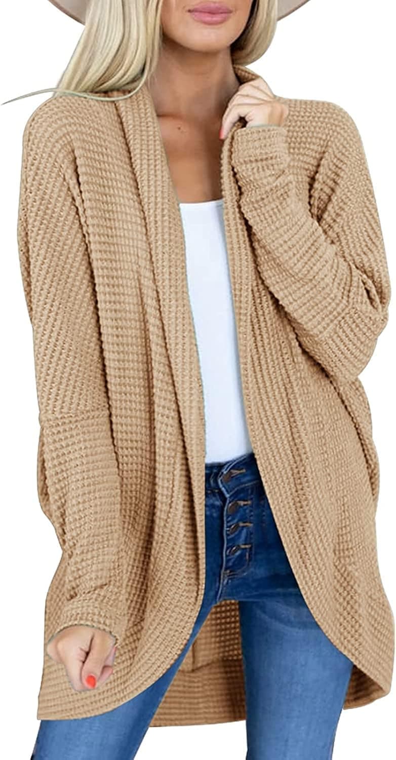 Ashuai Womens Waffle Knit Cardigan Lightweight Long Sleeve Batwing Open Front Sweater Coats Fall Spring Loose Outerwear Z-Khaki