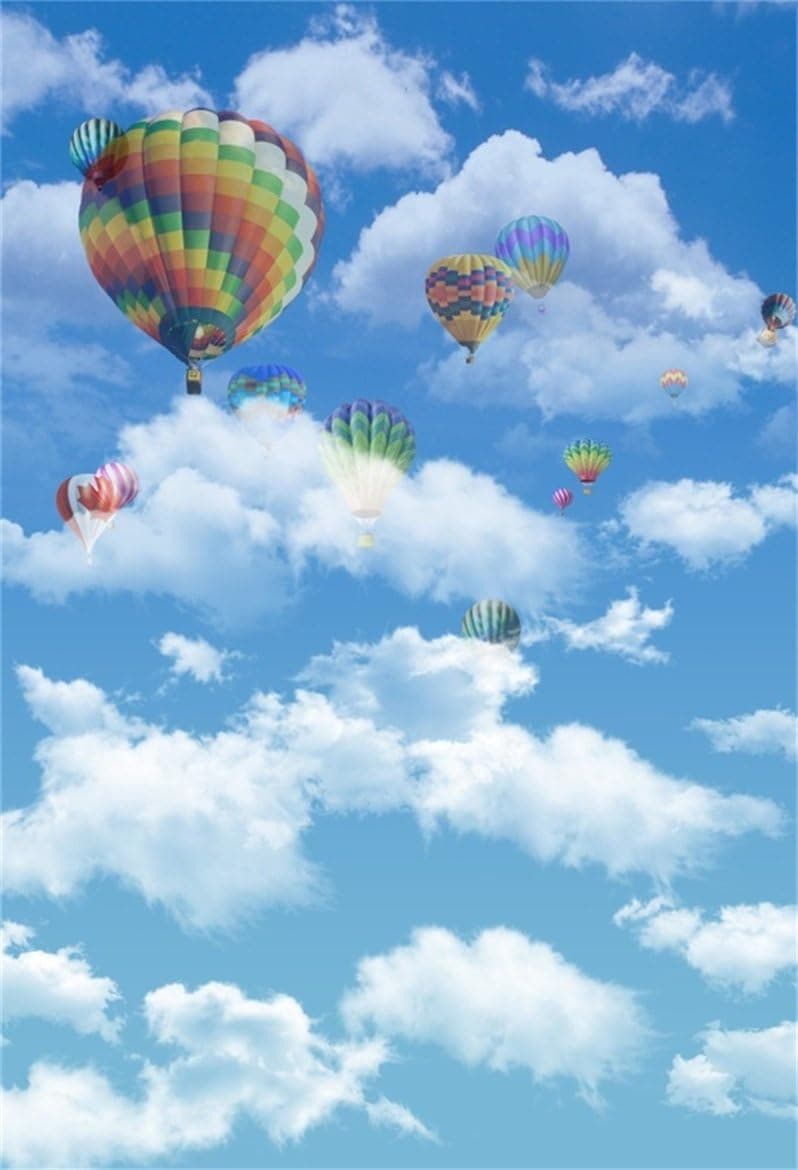 AOFOTO 5x7ft Blue Sky Backdrop Clouds Hot Air Balloon Photography Background Boy Girl Kid Adult Artistic Portrait Photo Shoot Studio Props Video Drop Vinyl Wallpaper