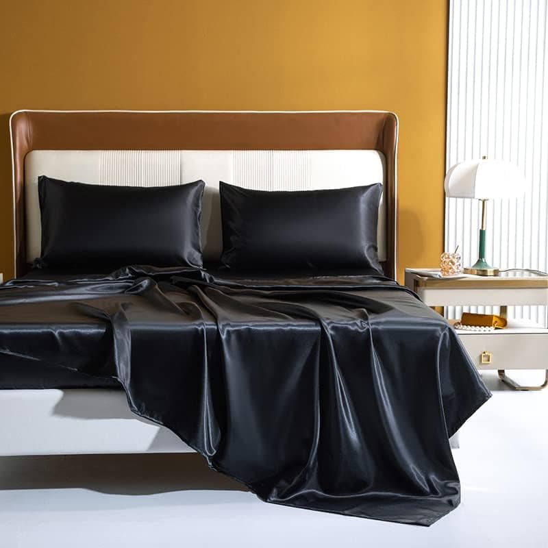 FLC Silky Bedding Sheet Set Soft Durable Satin Outer Space Fitted Sheet Set(Queen,Black)