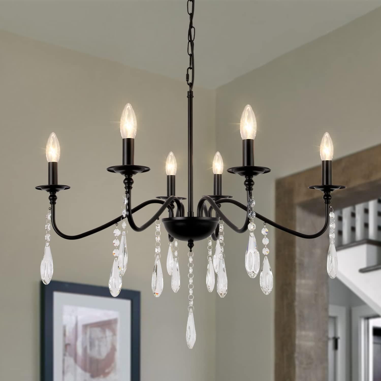 Black Farmhouse Chandelier,6-Light Industrial Iron Crystal Chandeliers,Classic Candle Ceiling Hanging Light Fixture,Rustic Industrial Pendant Lighting for Kitchen Island Dining Living Room Foyer