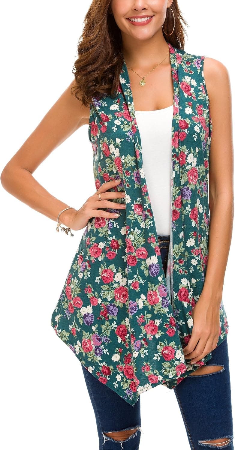 Women's Sleeveless Draped Open Front Cardigan Vest Asymmetric Hem (L, 5)
