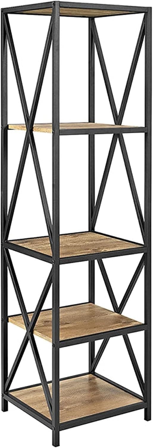 Walker Edison 4 Tier Open Shelf Metal Wood Tall Metal Bookcase Bookshelf Storage Home Office Storage Cabinet, 61 Inch, Barnwood