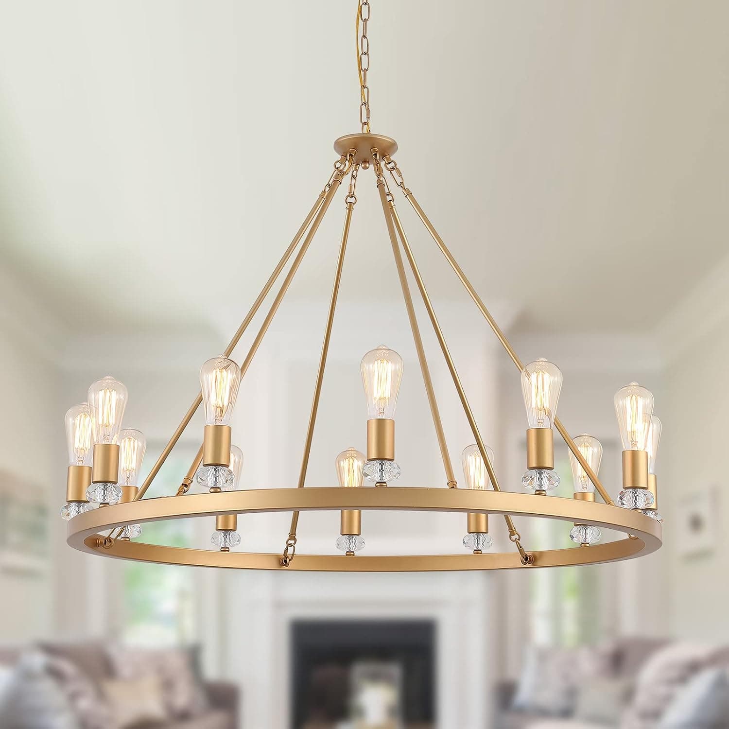 MEIXISUE Large Modern Wagon Wheel Chandelier Gold Metal Round Luxury Industrial Country Chandelier Light Fixture for Dining Room Living Room Foyer Entryway W40.55 12-Lights UL Listed