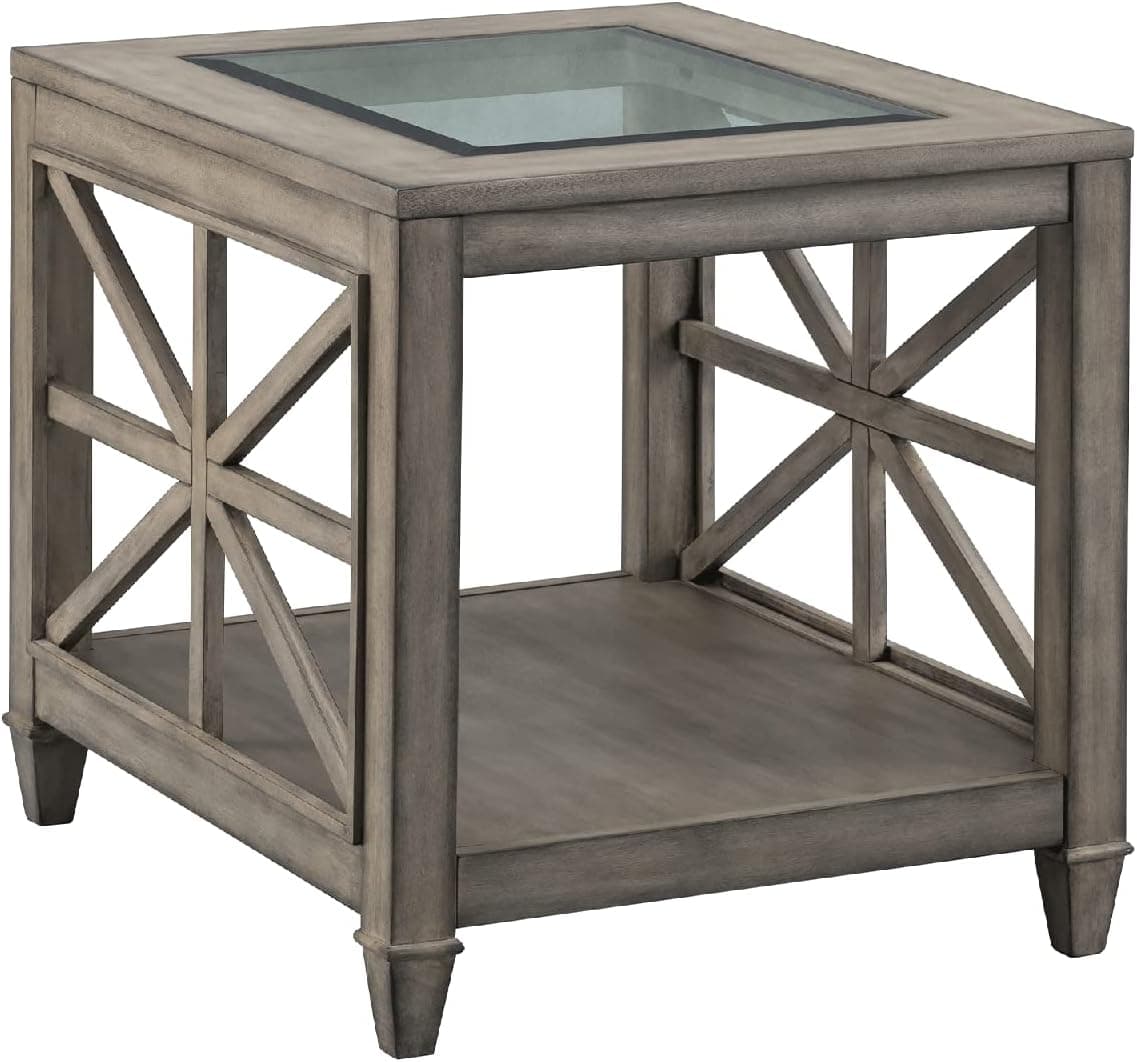 BAXMUY Solid Wood End Tables, Tempered Glass Top End Tables Living Room，28" x 24"Desktop End Table, End Tables Bedroom Grey Wash