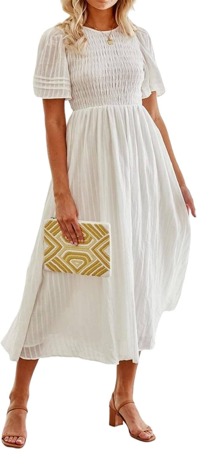 Glamaker Women's Summer Casual Short Sleeve Smocked Midi Dress Puff Sleeve A Line Flowy Midi Long Dress