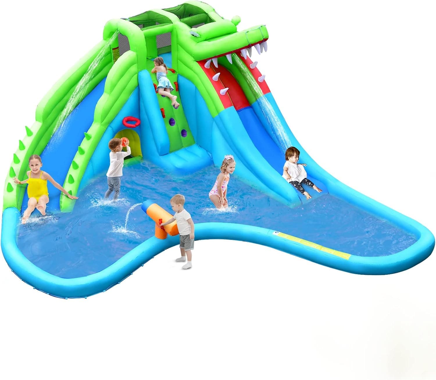HONEY JOY Inflatable Water Slides for Kids, 7 in 1 Crocodile Splash n Slide Water Castle w/Climb Wall &Long Slide, Crawl Tunnel&Splash Pool, Outdoor Blow Up Water Park for Backyard(Without Blower)