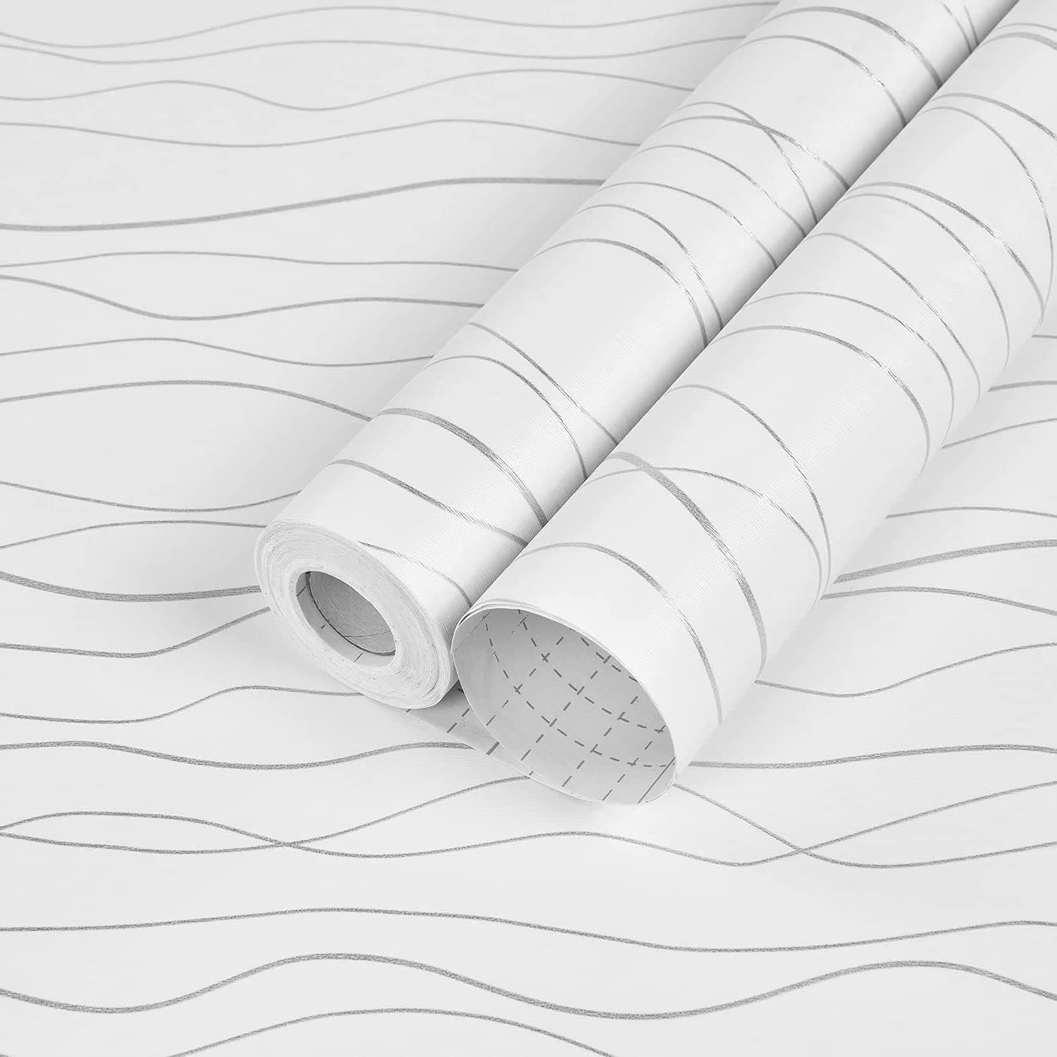 Marsports 236x17.7in Silver Modern Embossed Wave White Peel and Stick Wallpaper Removable Wave Wallpaper Contact Paper Self Adhesive Not See Through Wall Covering Film