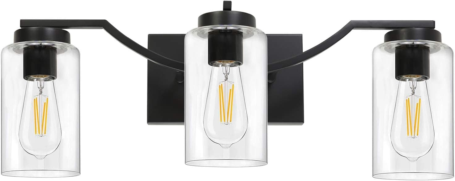 TODOLUZ 3-Lights Modern Black Vanity Lighting Fixtures with Clear Glass Lampshade 25.35” Width Wall Sconce Farmhouse Style for Hallway Kitchen Bedroom