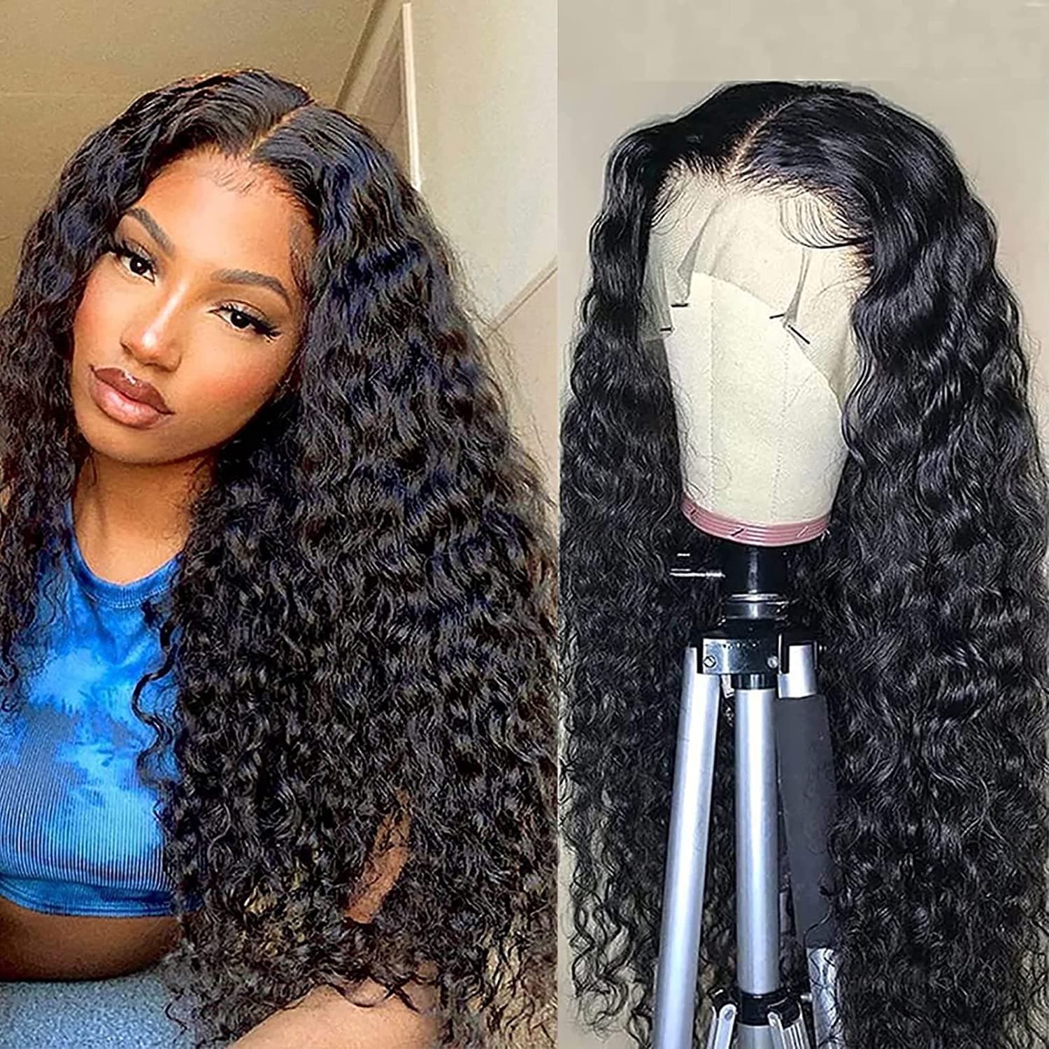 ALIISPARK Deep Wave Lace Front Wigs Human Hair 13×4 Lace Frontal Wigs Human Hair 180% Density Wigs for Black Women Brazilian Curly Wigs Glueless Pre Plucked with Baby Hair (24 inch, deep wave)