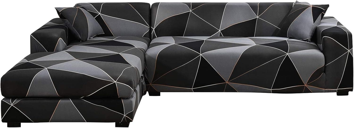 MIFXIN Sectional Sofa Covers L Shape Couch Slipcover 2pcs Stretch Elastic L-Type Chaise Sofa Couch Furniture Protector for Living Room Pets Kids (Black Gray)