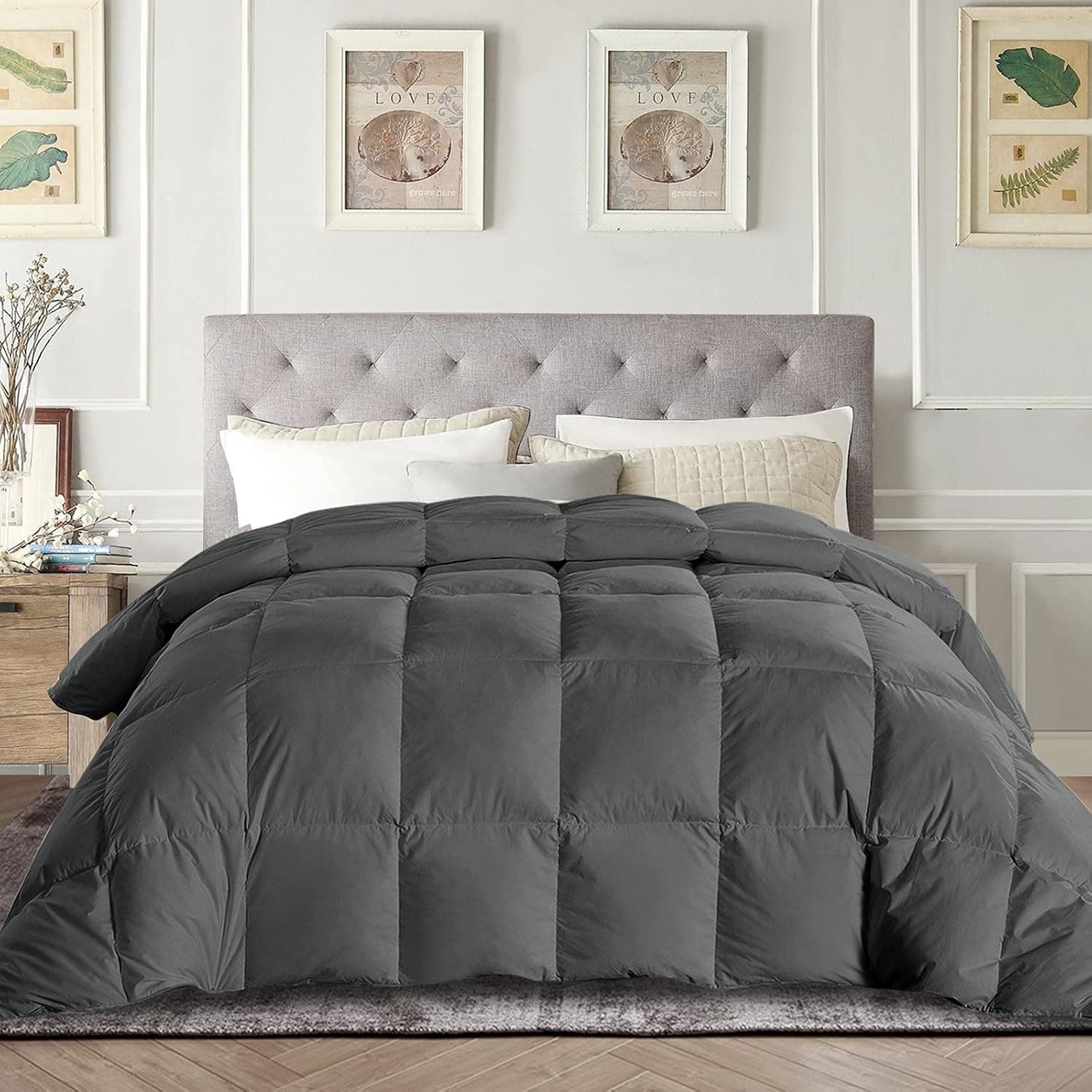 EDUJIN Queen Comforter with 95% Feather and 5% Down Filling– Cotton Quilted Lightweight Thin Duvet Insert or Stand-Alone with Corner Tabs 88×88 Inch Dark Gray