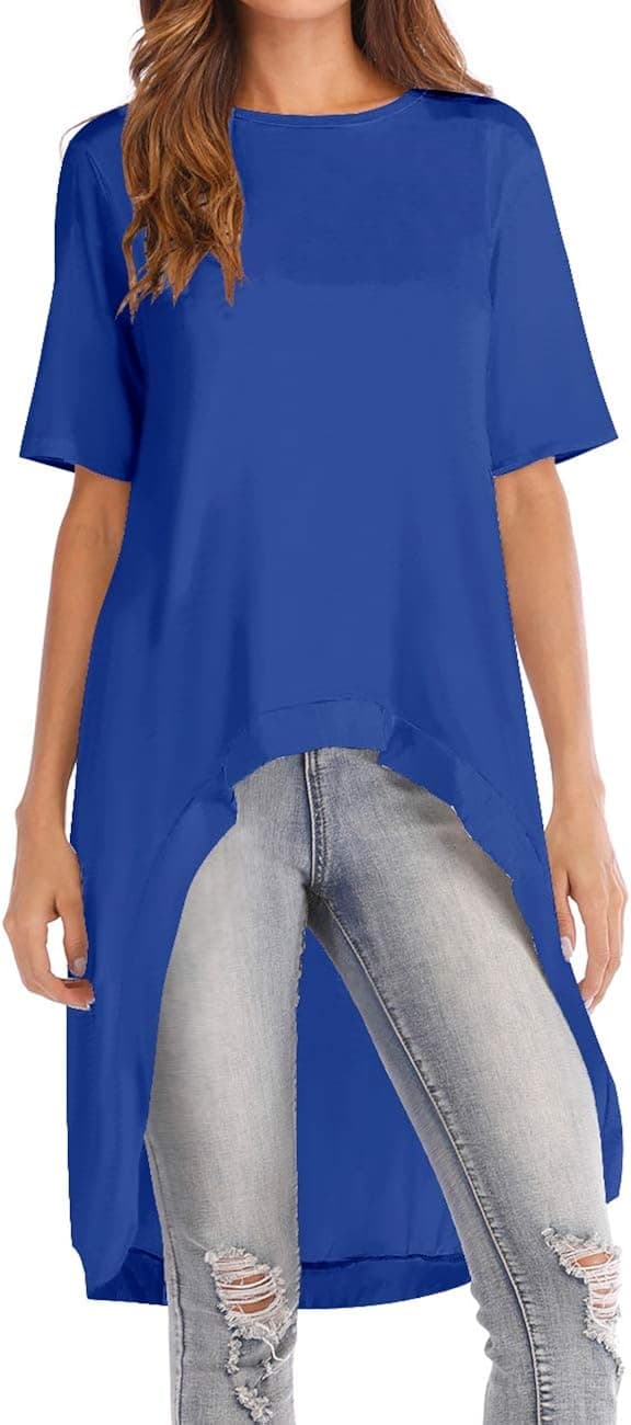 Haola Women's Ruffle High Low Asymmetrical Tunic Tops Short/Long Sleeve Peplum Blouse Irregular Hem Casual Shirt Blue XXL