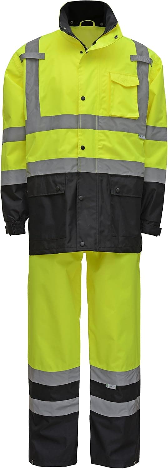 CJ Safety CJHVRJ3002 High Visibility Black Bottom Safety Rain Jacket & Pants Suit (4XL)