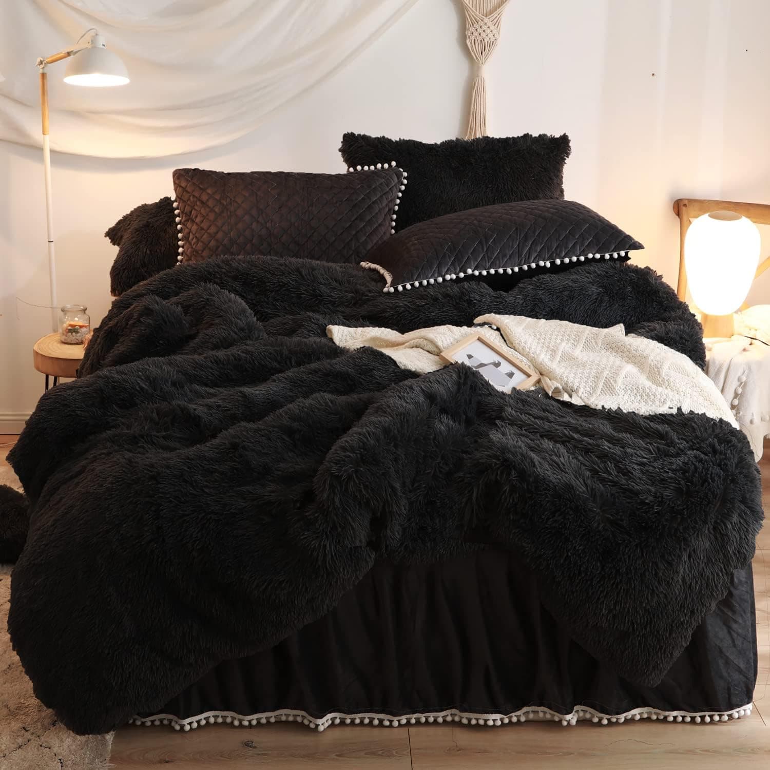 HAIHUA Black Luxury Fluffy Shaggy Duvet Cover,Cute Faux Fur Comforter Set (1 Faux Fur Duvet Cover + 2 Faux Fur Velvet Pillow Cases) Fuzzy Bedding 3 Pieces Sets, Zipper Closure (Black, King)