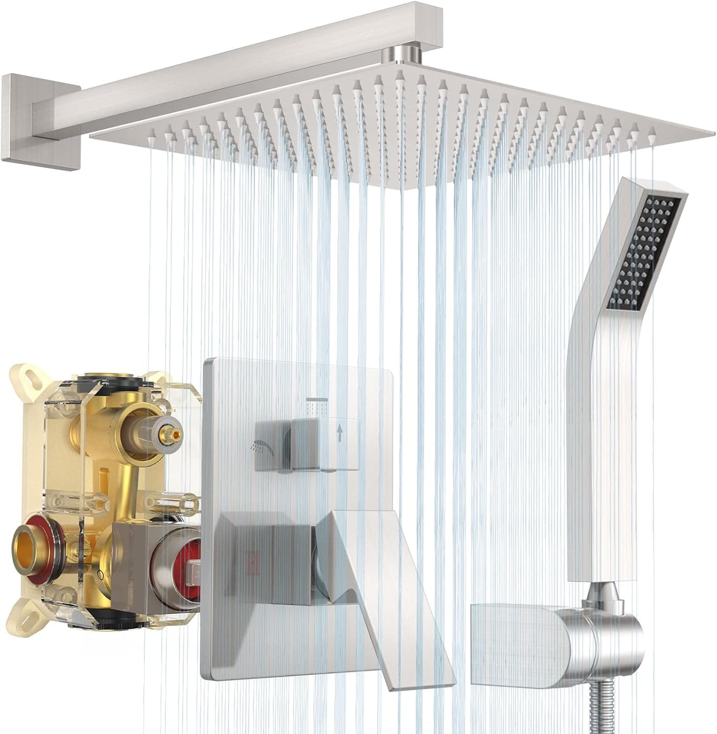 Auterfar Rain Shower System, 10" Brushed Nickel Shower Faucet Set, Rainfall Shower Head with Handheld, Bathroom Wall Mounted Shower Kit Complete with Shower Valves and Trim