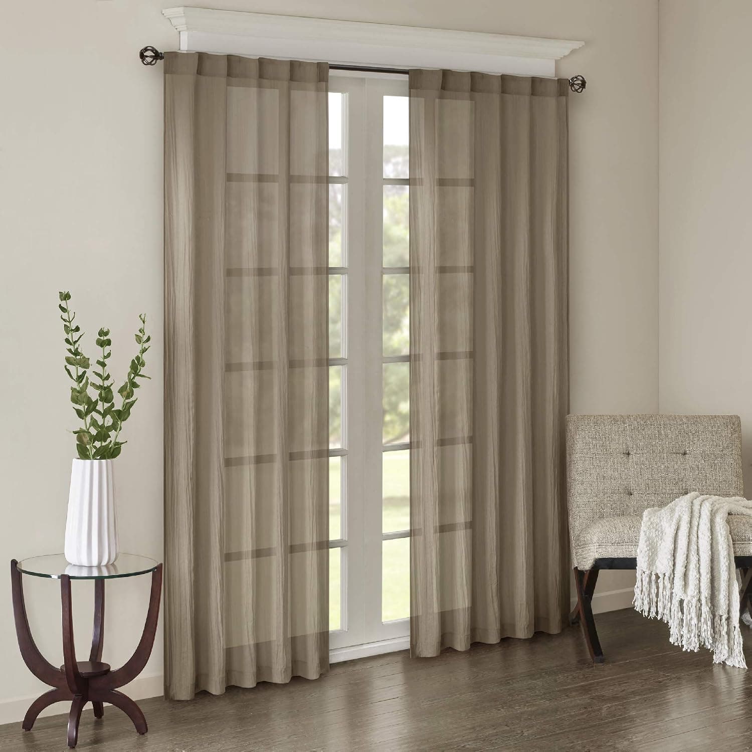 Madison Park Harper Sheer Bedroom, Modern Contemporary Window Curtain for Kitchen, Solid Fabric Panels, 42" x 63", Taupe