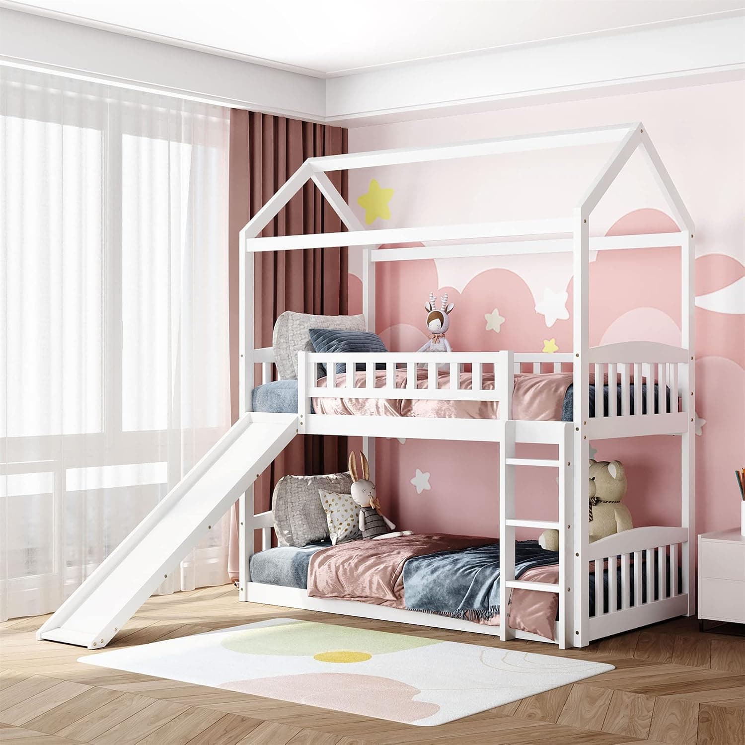 Harper & Bright Designs House Bunk Bed for Kids Toddlers, Twin Over Twin Bunk Beds with Slide, Playhouse Farmhouse Roof Guardrail Ladder, for Girls & Boys (Bunk Bed, White)