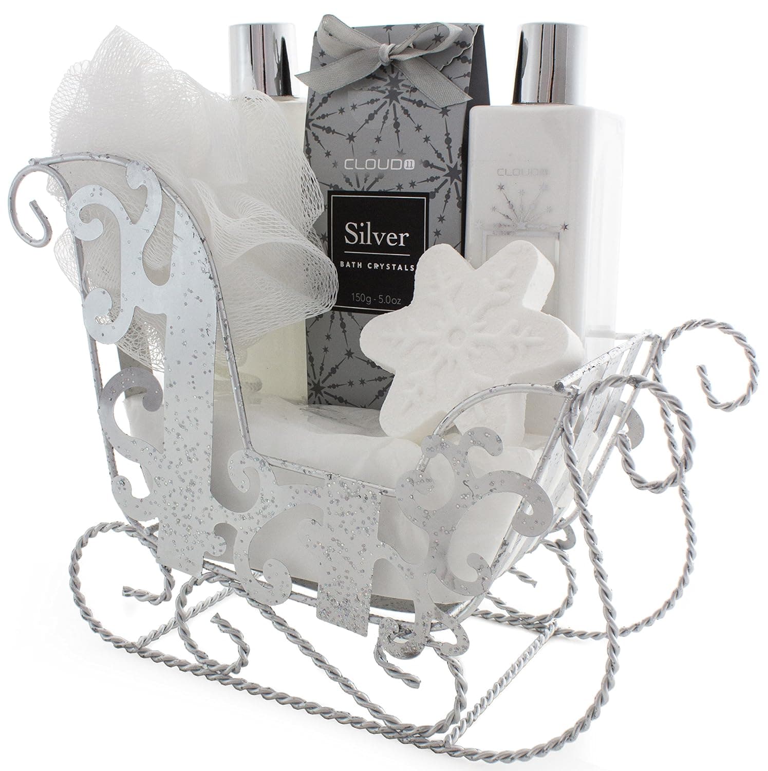 BRUBAKER 6 Pcs Gift Set 'Vanilla' Beauty Spa Set With Silver Sled, Bath Fizzer, Shower Gel, Body Lotion, Bath Crystals, Sponge