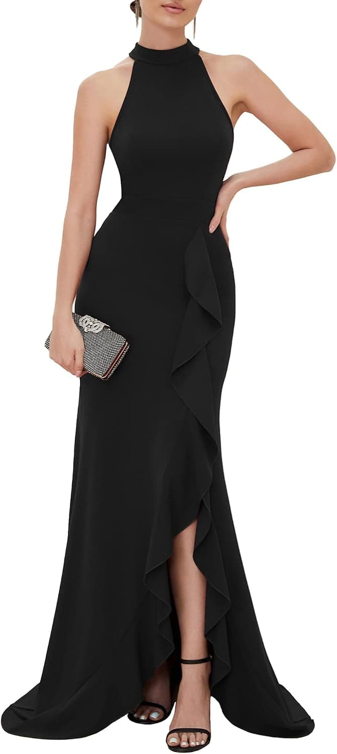 Alisapan Women's Empire Waist Elastic Split Mermaid High Neck Sleeveless Long Formal Dress 00005