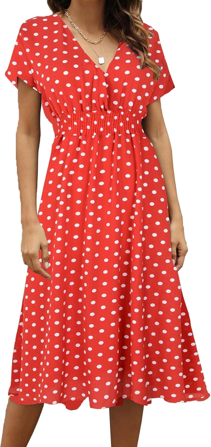 Umenlele Women's Floral Chiffon Wrap V Neck Short Sleeve Pleated Flowy Midi Dress