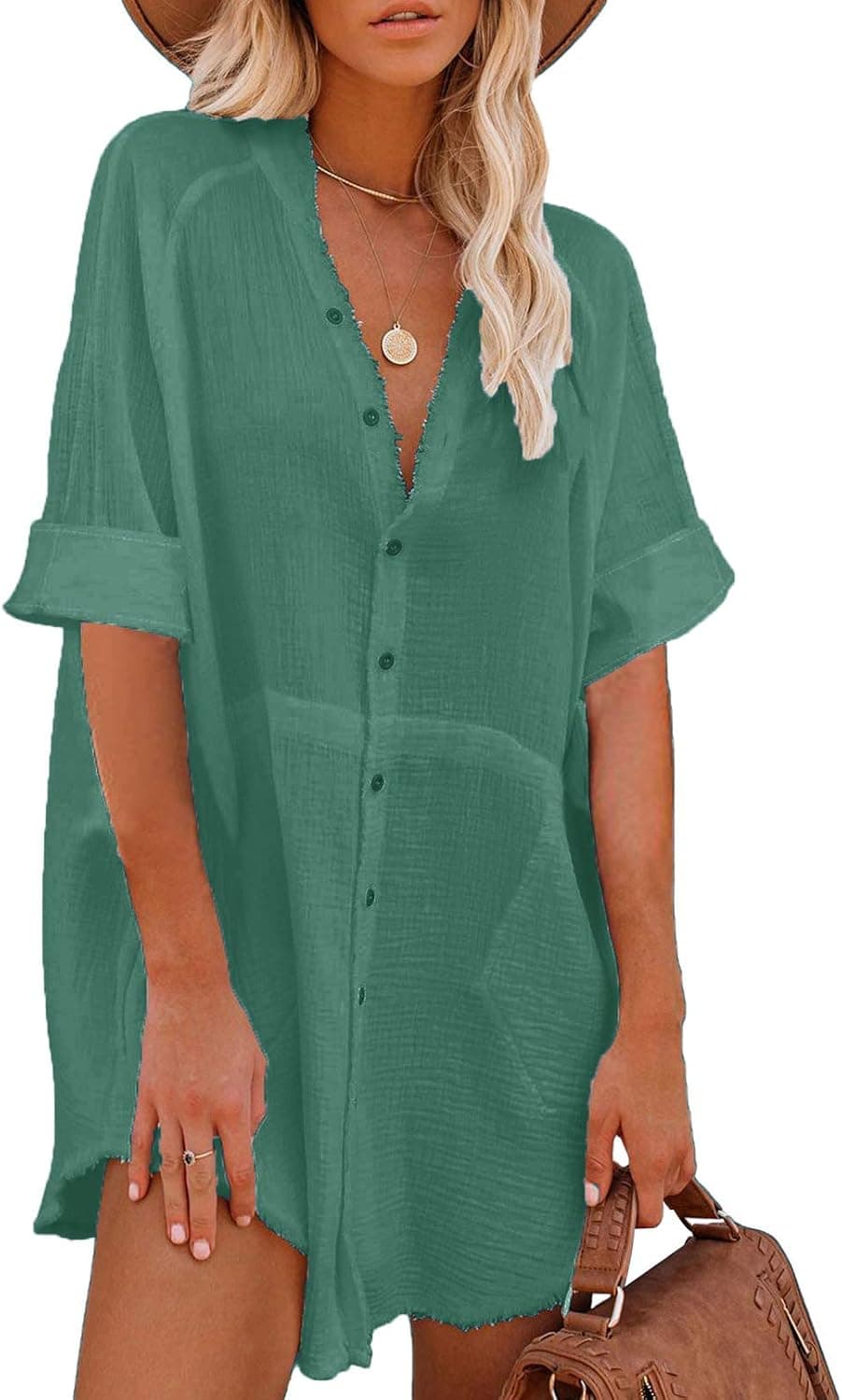 Paintcolors Women's Cotton Button Down Shirt Short Sleee Dresses Tunics Oversized Beach Cover up Blouse Tops with Pockets