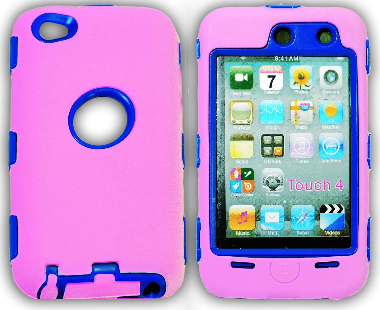 myLife Light Pink + Royal Blue Armored (Built-In Screen Protector) Survivor Shockproof Case for iPod 4 (4G) 4th Generation iTouch (Full Body Armor Outfit + Soft Silicone External Shock Proof Gel + 2 Piece Internal Snap On Shield)