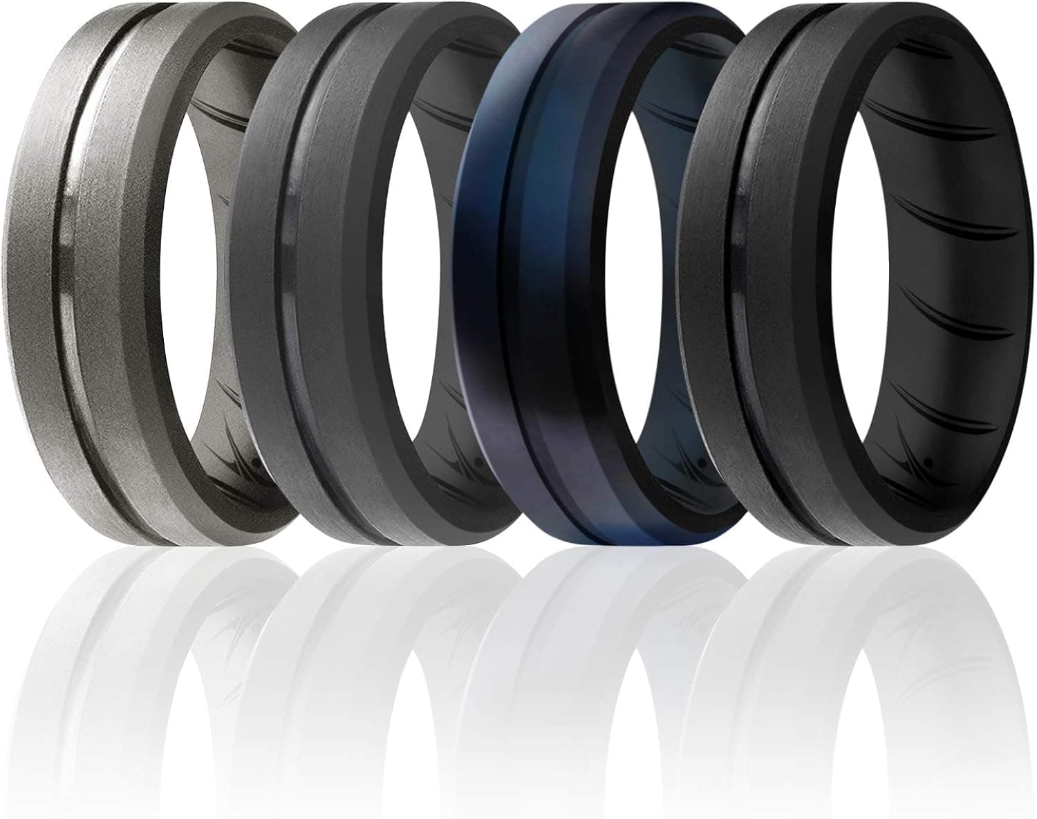 ROQ Silicone Rubber Wedding Ring for Men, Comfort Fit, Men's Wedding Band, Breathable Rubber Engagement Band, 2 Thin & Middle Lines, Beveled Edge & Engraved Duo, Multi Packs, Multi Colors