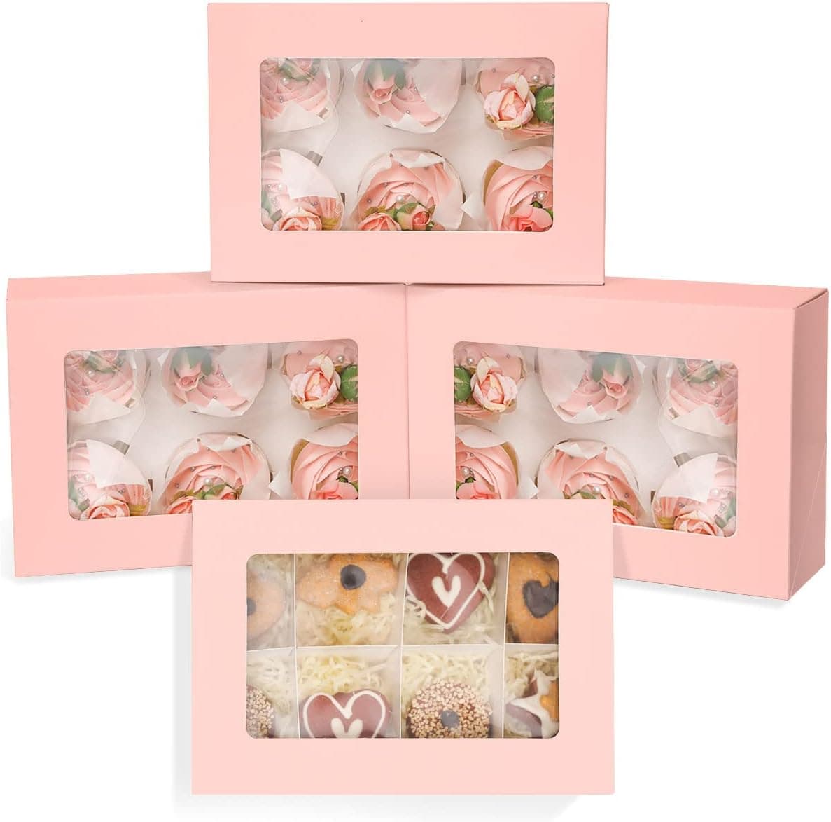 Pink 6 Cupcake Boxes with Window 30 Packs Cupcake Box 9"x6.1"x3.3" Bakery Boxes For Cupcakes Carrier, Cupcake Containers qiqee