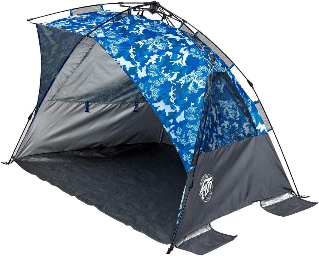 E-Z UP Wedge Portable Beach Tent, 51"x51" Entrance with 3 Roll-Up Windows and Storage Pocket, Camo Blue