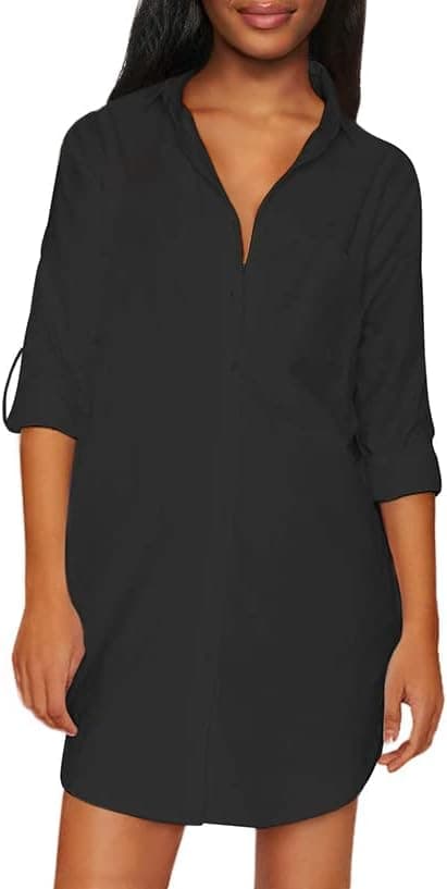 Auxo Women Long Sleeve V Neck Pocket Shirt Dress Tunic Top Casual Solid Charade Blouse