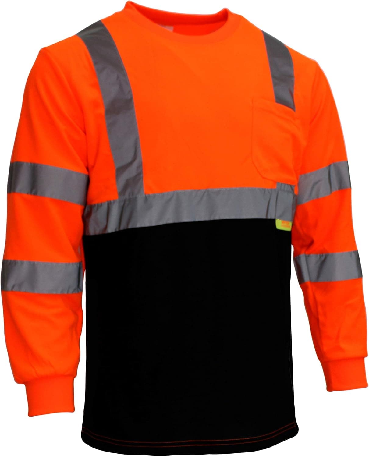 Class 3 Hi-Viz Long Sleeve Black Bottom Safety T-Shirts with Reflective Tapes (Or, L)