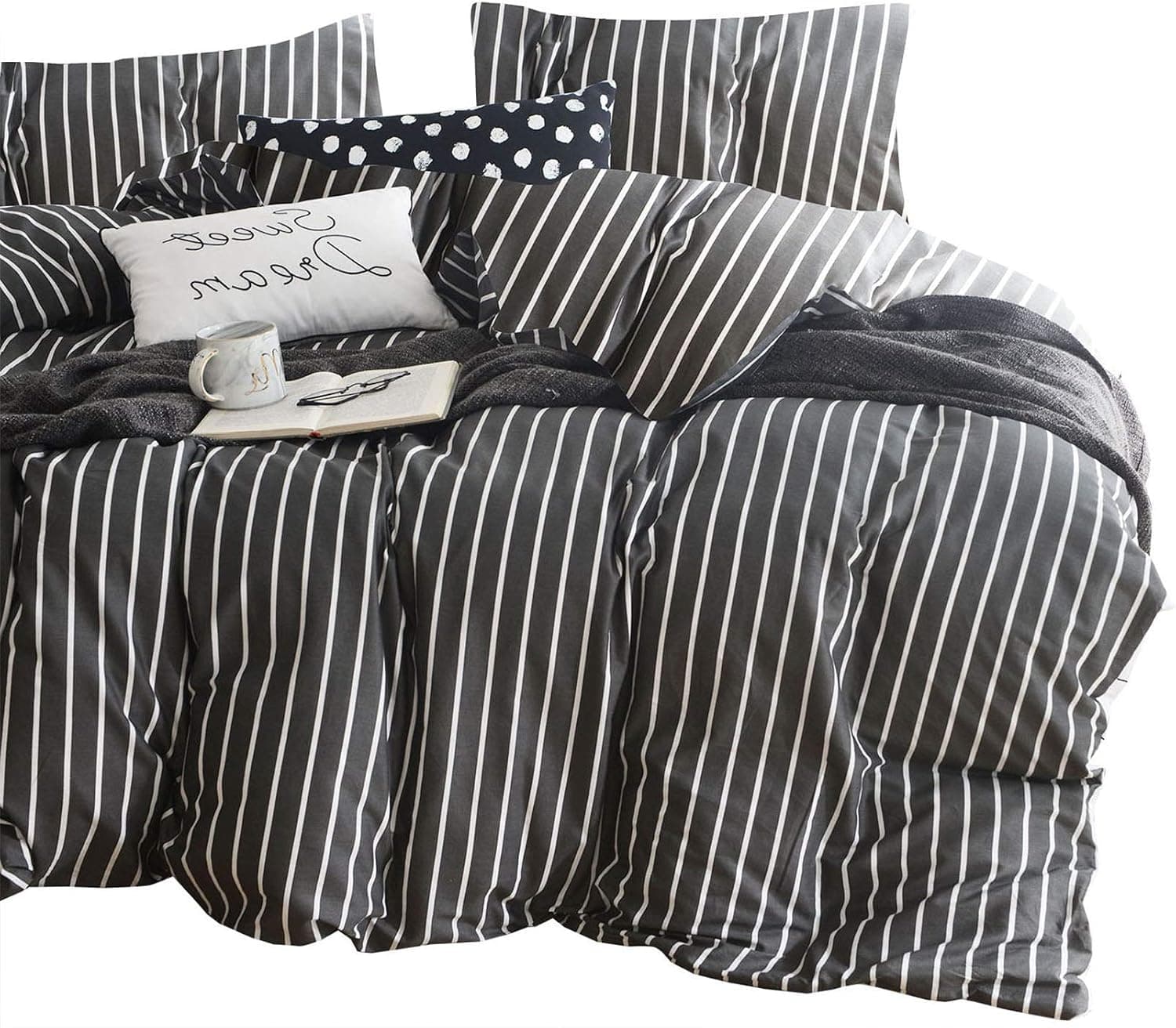 Wake In Cloud - Gray Striped Comforter Set, 100% Cotton Fabric with Soft Microfiber Fill Bedding, White Vertical Stripes Pattern Printed on Dark Grey (3pcs, Twin Size)