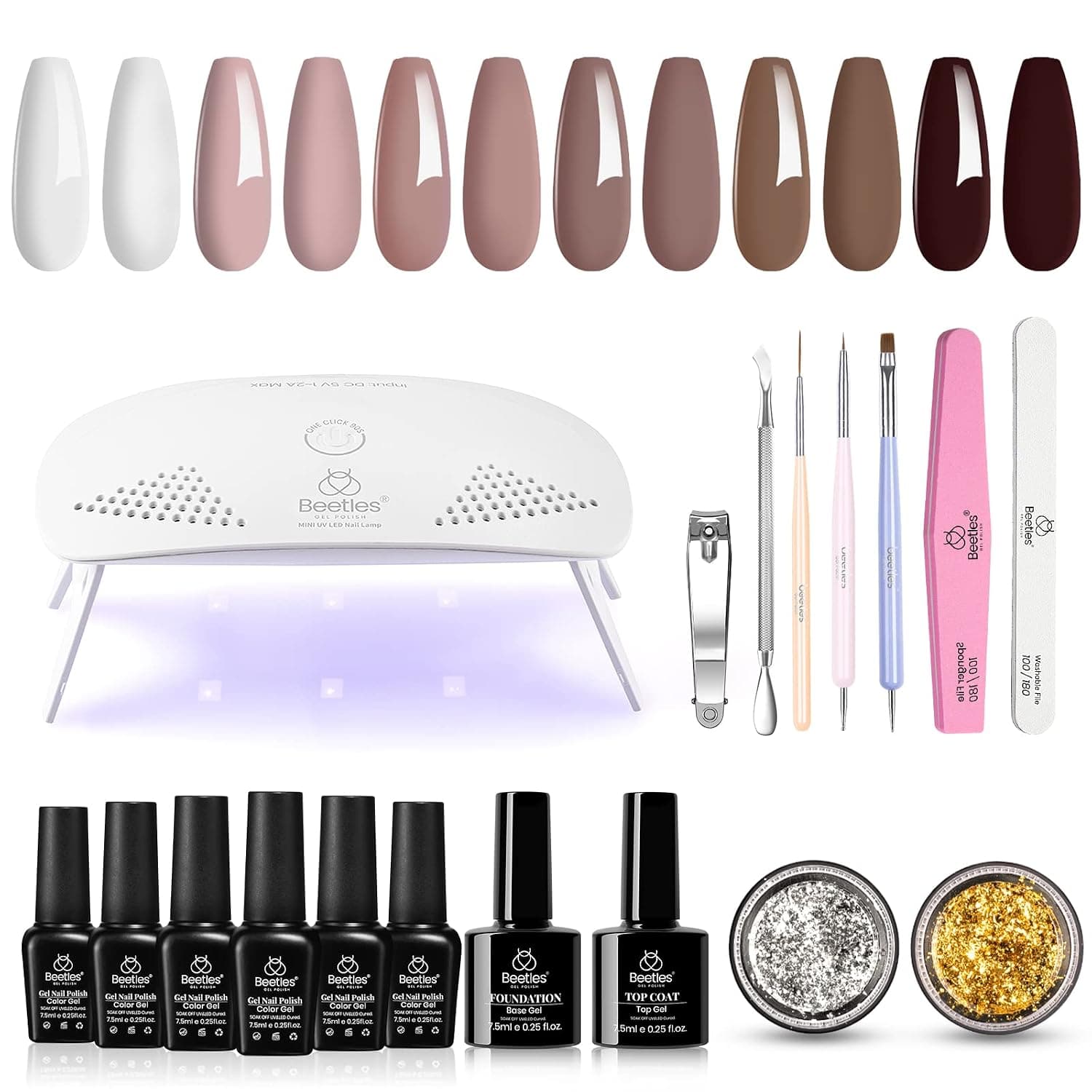 Beetles Gel Nail Polish Kit with U V Light Starter Kit, Coffee Cafe Collection Brown Neutral Beige Mauve Color Gel Polish Soak Off LED Nail Lamp, Base Gel Top Coat DIY Home Manicure Gift for Women