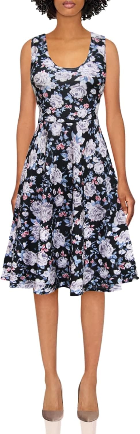 TAM WARE Womens Casual Fit and Flare Floral Sleeveless Dress